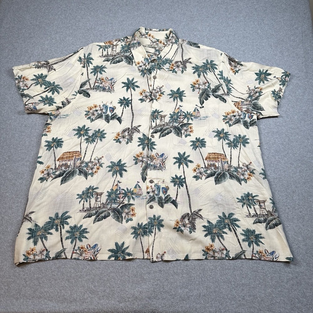 Vintage Batik Bay Hawaiian Shirt 2XB Rayon Aloha Tropical Island Ivory USA Flags